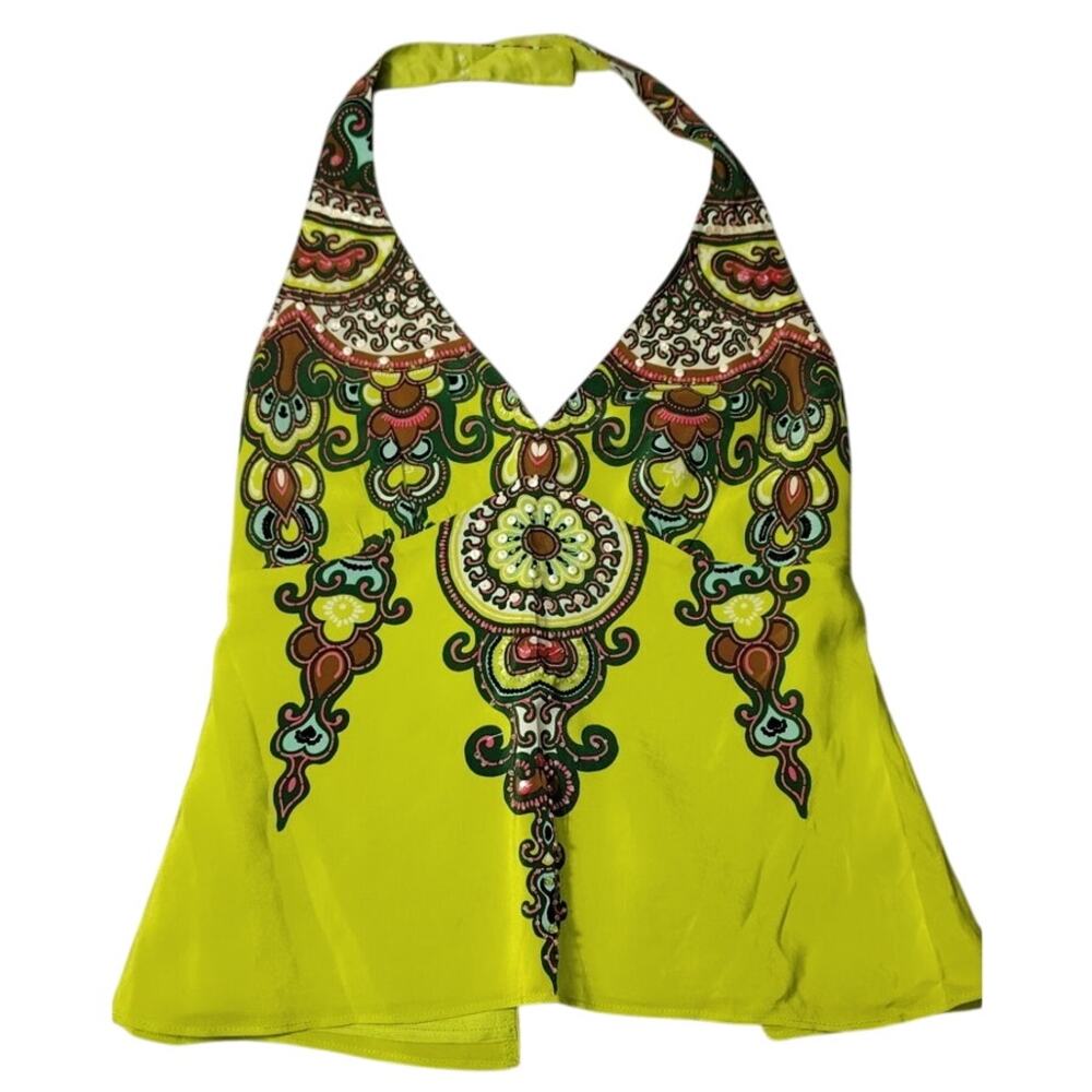 Nanette Lepore Shirt Womens Size 4 Vintage Silk Beaded Green Halter Top BOHO